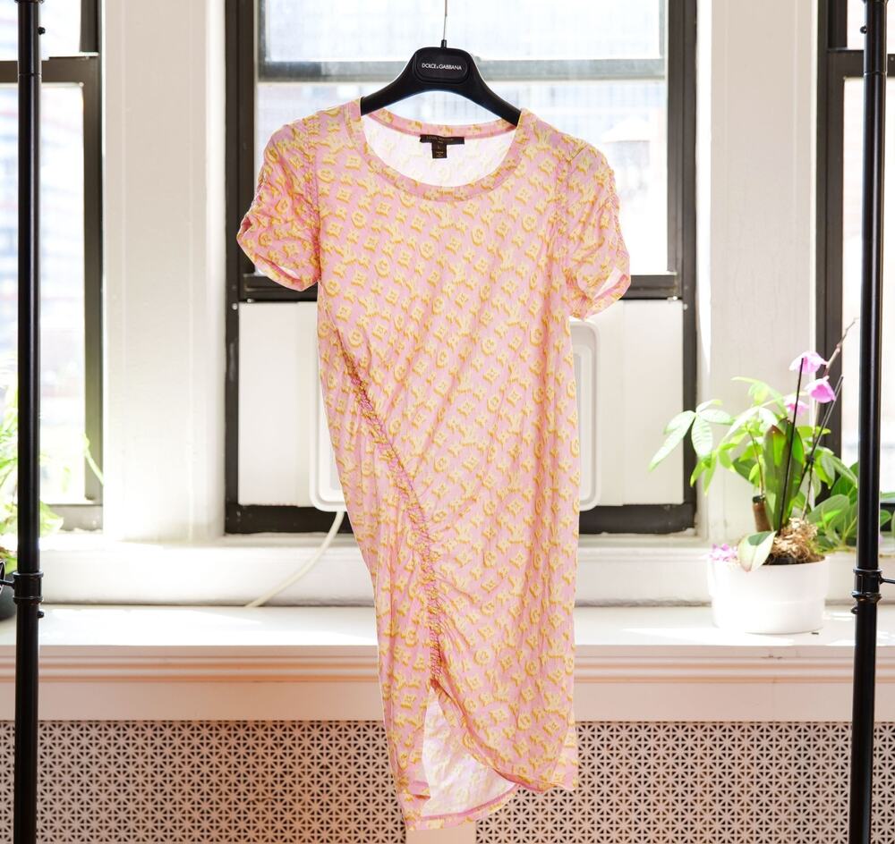 Louis Vuitton Baby Pink Monogram Ruched Asymmetric T-Shirt Mini Dress (Size: L)